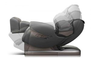Massagestol Santé Hoshi i svart färg visad från sidan med en genomskinlig överlappning som illustrerar olika positioner och funktioner av stolen