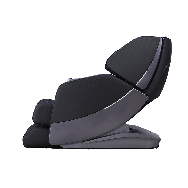Massagestol Santé Shiri 3D i upprätt läge, som visar stolens övre och nedre sida med dess snygga kurvade design.