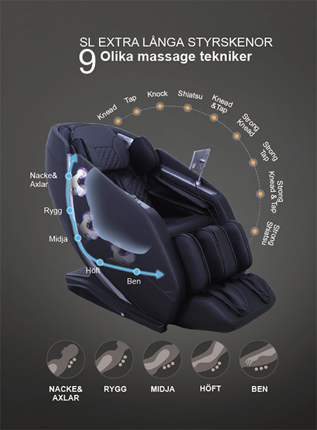 Sante Tanoshi massagestol erbjuder nio olika massagetekniker för att skapa en skräddarsydd upplevelse. SL-extra långa styrskänor anpassar sig för en fulländad massage från nacke till ben.